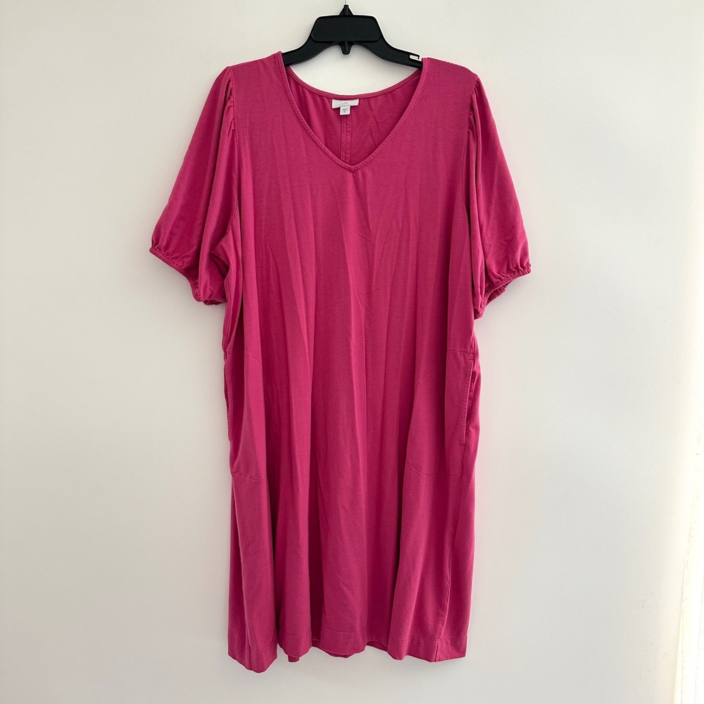 J. Jill Pink Puff Sleeve V-Neck Dress Size XL Modal Pockets Stretch Casual Knit